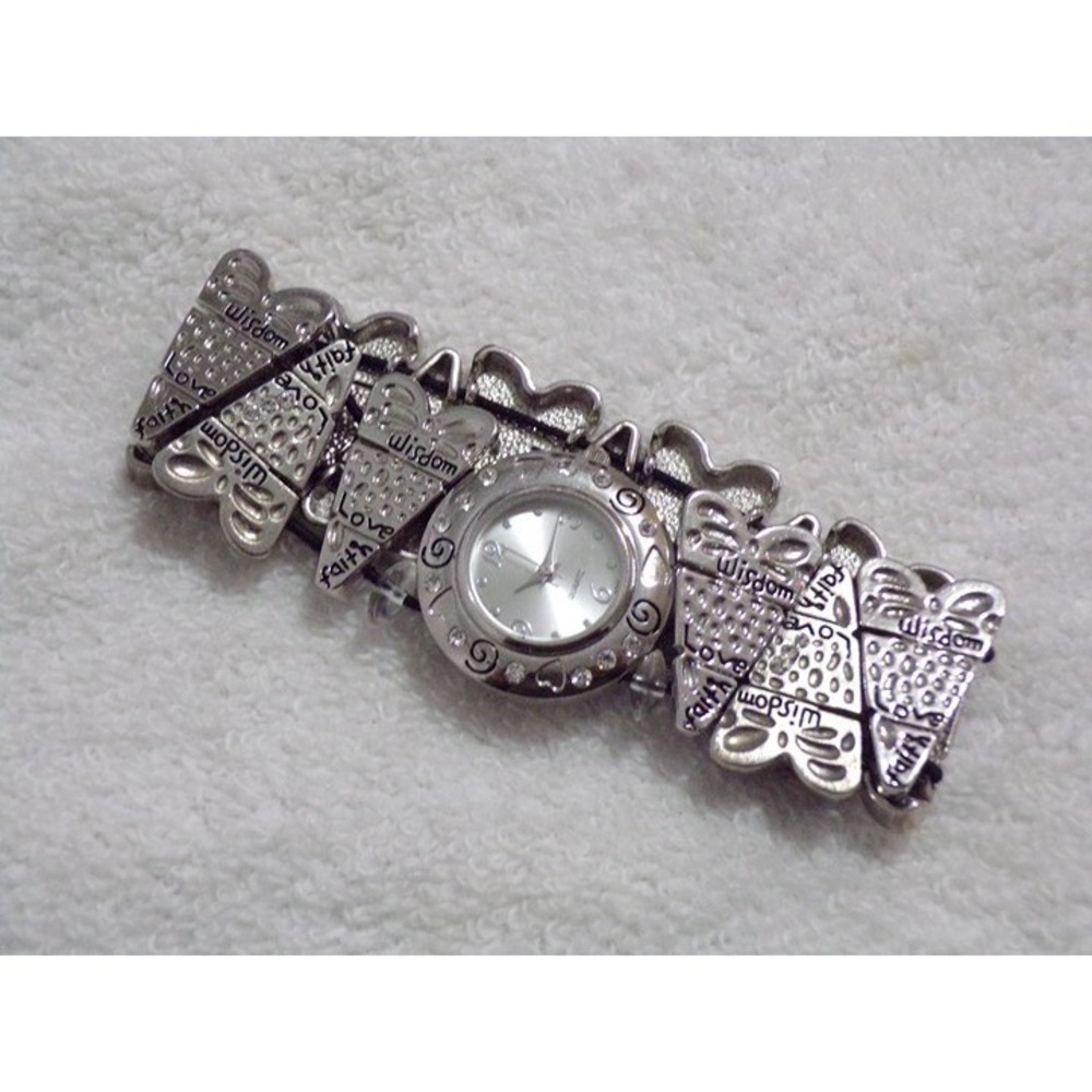 Stretchy Bracelet Watch Quartz Women's Wisdom, Love, Faith 1" Face Silver Unique